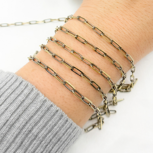 Two Tone Black Rhodium and Gold Plated Paperclip Textured Chain