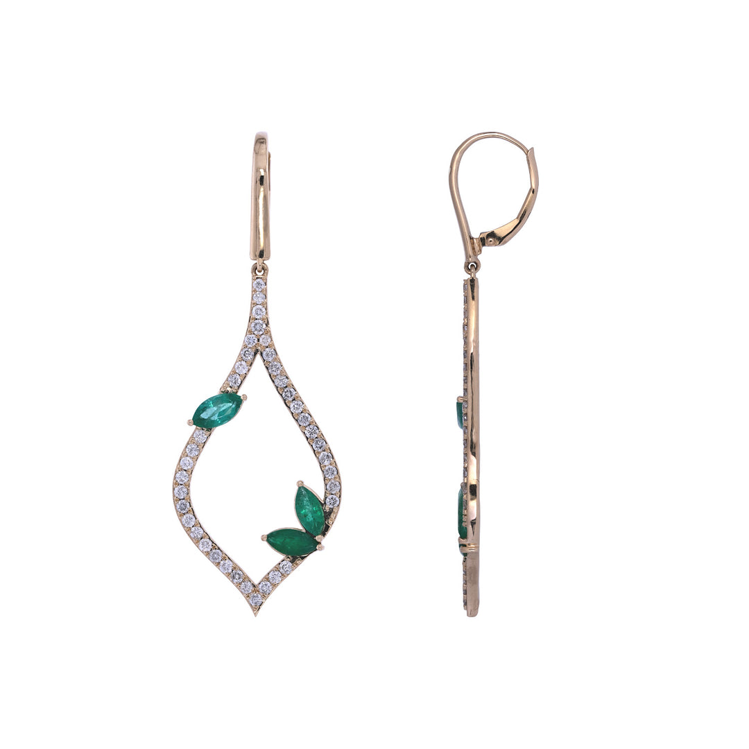 CE97268EM6X3. 14k Solid Gold Diamond and Emerald Fancy Dangle Earrings