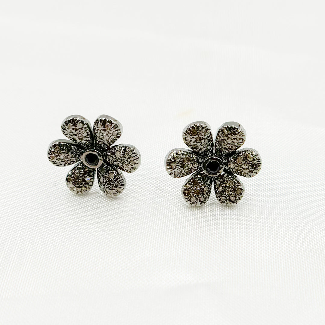 DE058. Diamond and Gemstones Sterling Silver Flower Studs