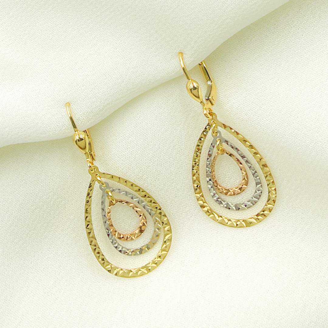 14K Gold Dangle Earring with Tri - Color Diamond Cut Drops. GER113