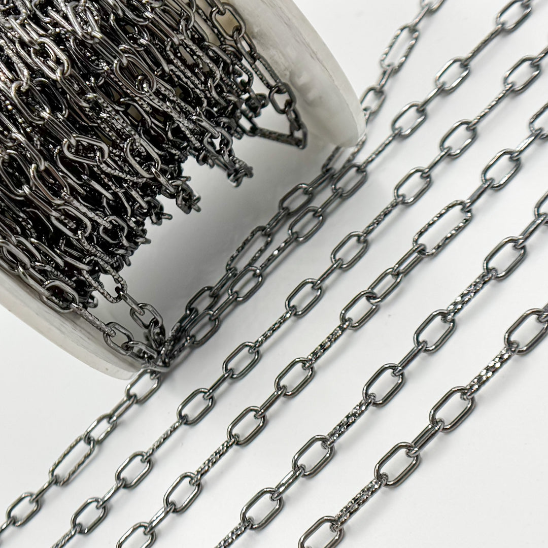 V143BR. Black Rhodium Sterling Silver Smooth and Diamond Cut Paperclip Chain