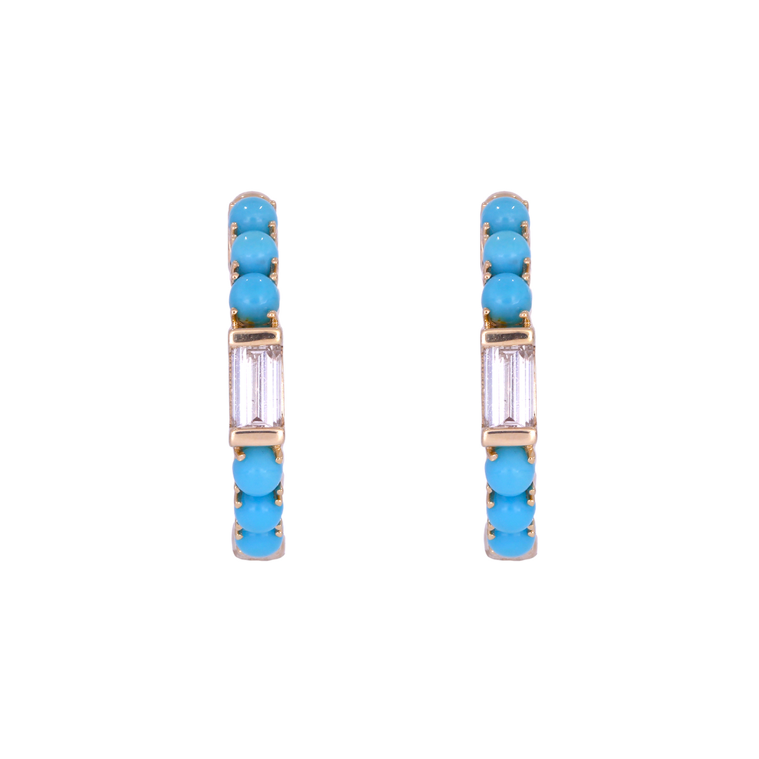 14K Gold Diamonds and Turquoise Hoops