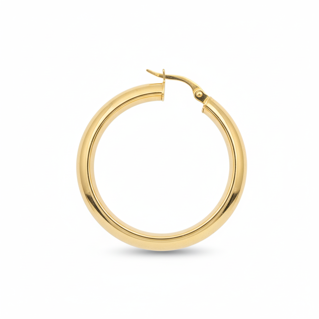 GER154. 14K Solid Gold Hollow Hoop Earrings