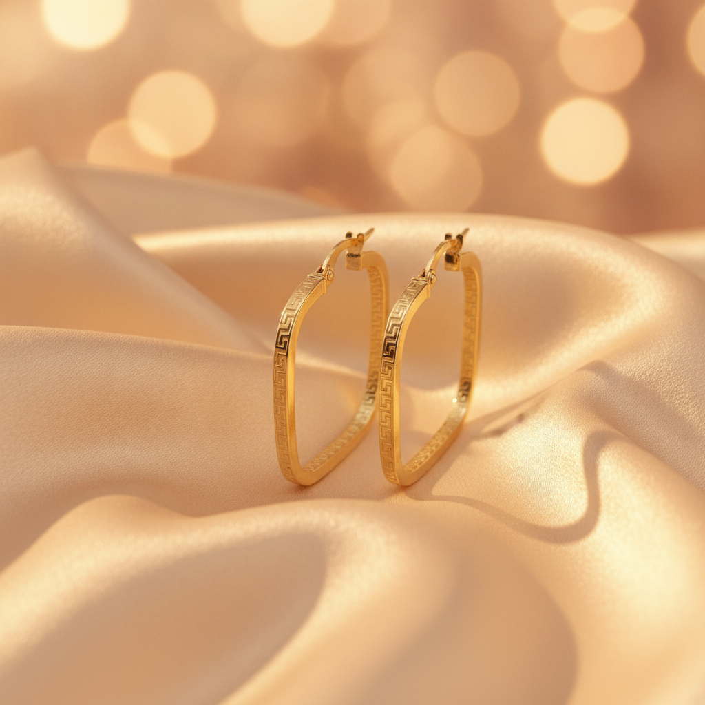 15850000415. 14K Solid Gold Textured Square Hollow Hoop Earrings