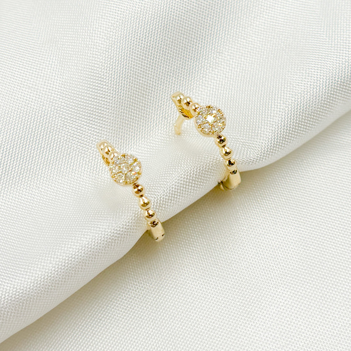 HP402520. 14K Solid Yellow Gold Diamond Beaded Flower Hoop Earring
