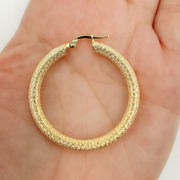 14K Solid Gold Earrings with Texture Circle Shape Hoop