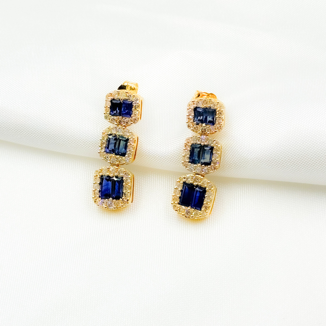 14k Solid Gold Diamond and Blue Sapphire Dangle Earrings.  EFF52119BS