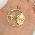 Load image into Gallery viewer, 14K Solid Gold Diamond Circle Charm with Sun and Star in the Center. GDP07
