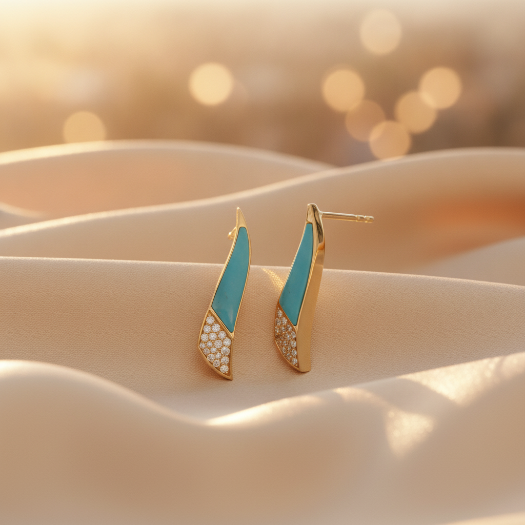 DER03375TQ. 14K Solid Gold Diamond and Turquoise Fancy Stud Earrings