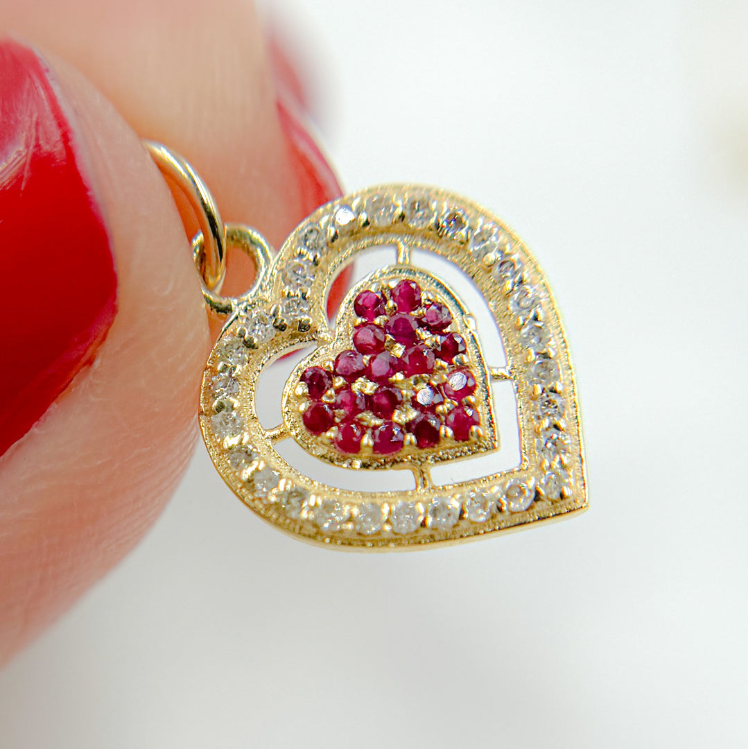 14K Solid Gold Heart Charm with Diamond and Gemstone. GDP305