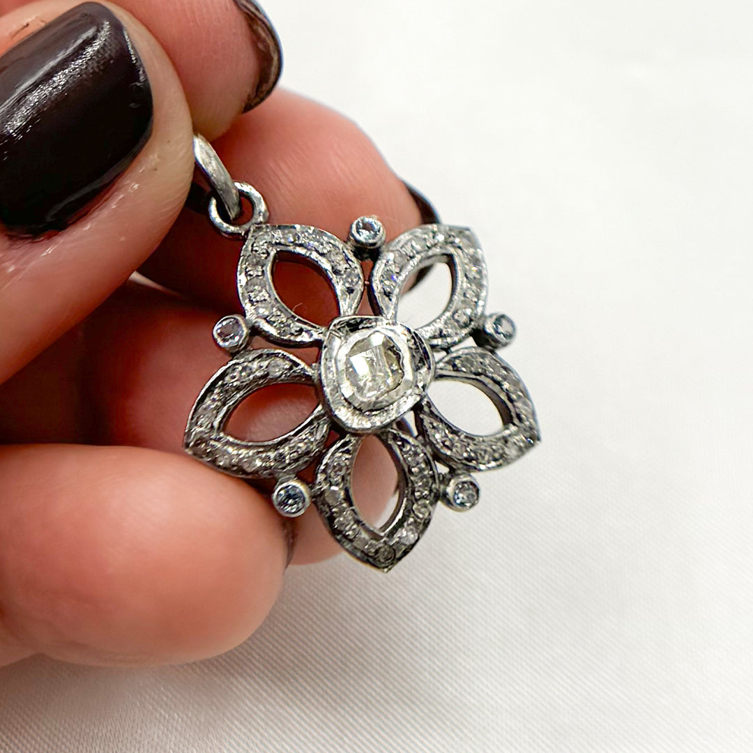 DP218. Diamond Sterling Silver Flower Pendant with Gemstone