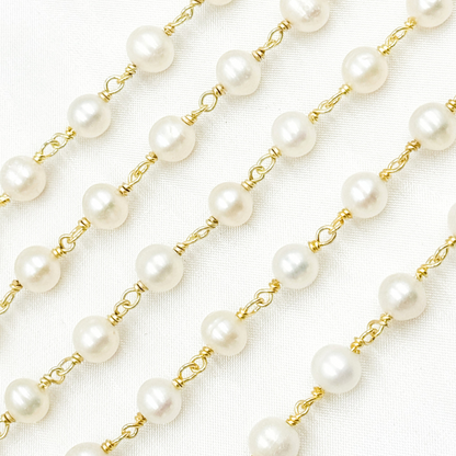 PRL21. Round White Freshwater Pearl Wire Wrap Chain