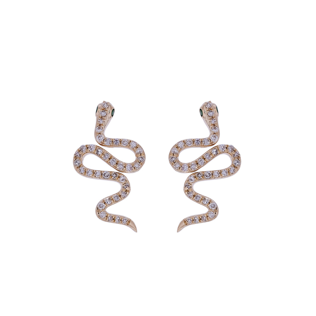 EFD54359EM. 14K Solid Gold Diamond and Emerald Snake Studs
