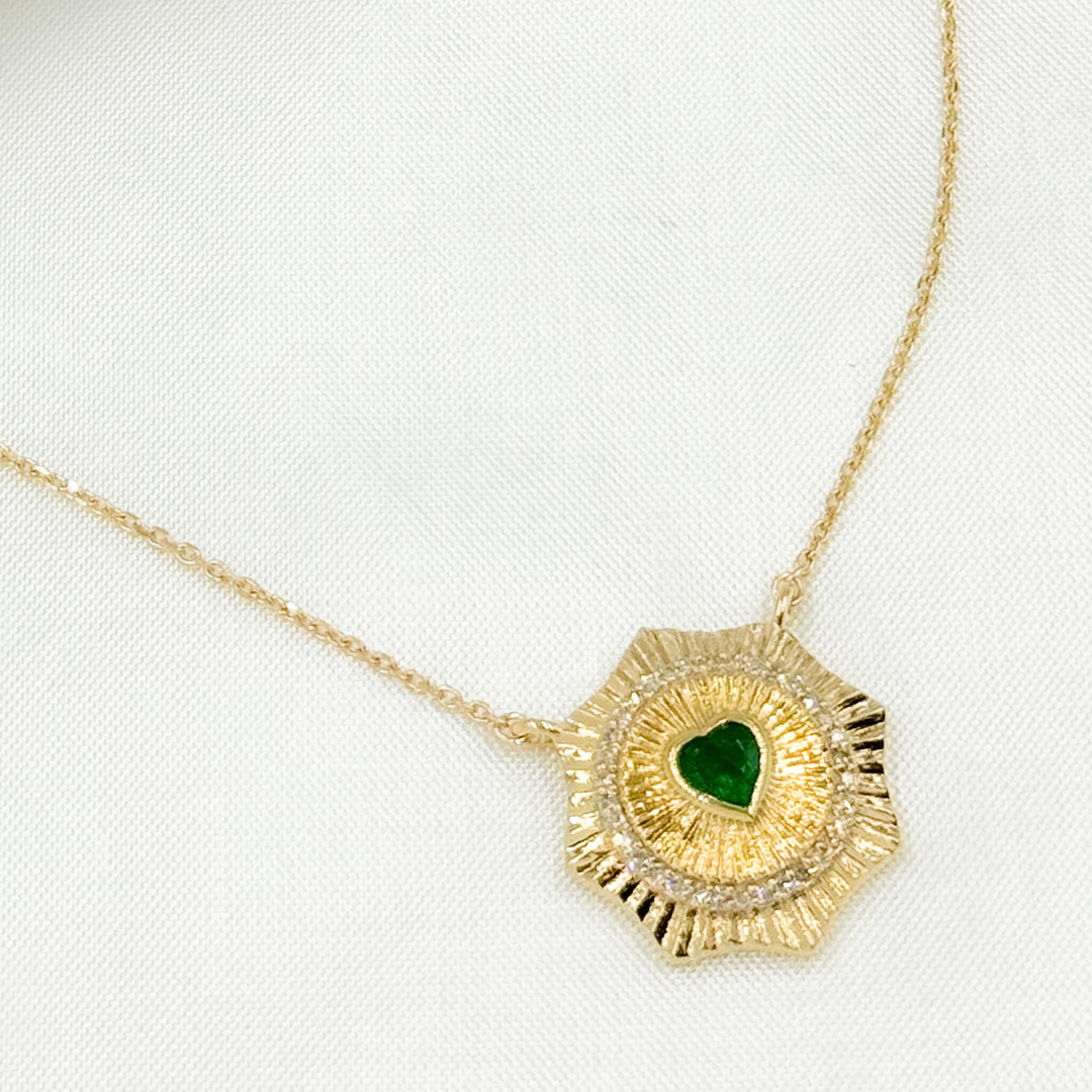 14k Solid Gold Emerald Heart and Diamond Necklace. CN96235EM