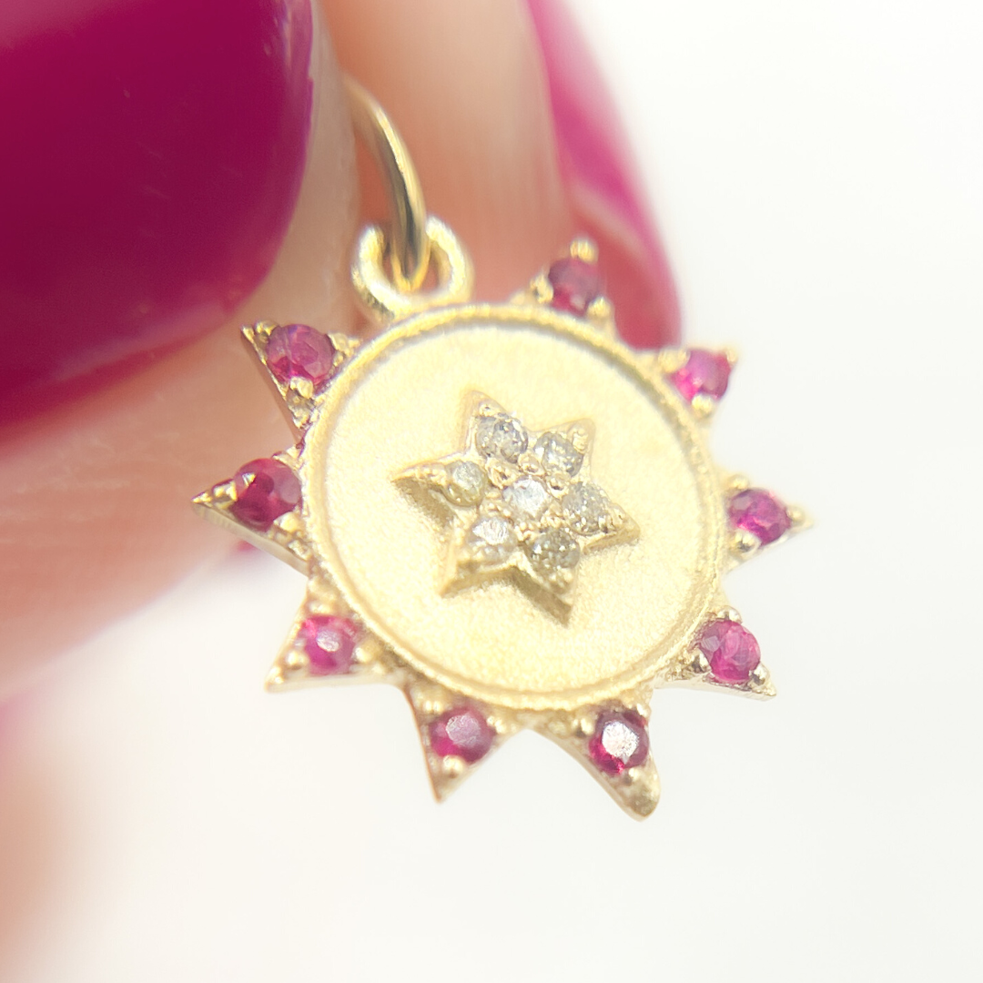 GDP442. 14K Solid Gold Diamond Circle Charm with Star