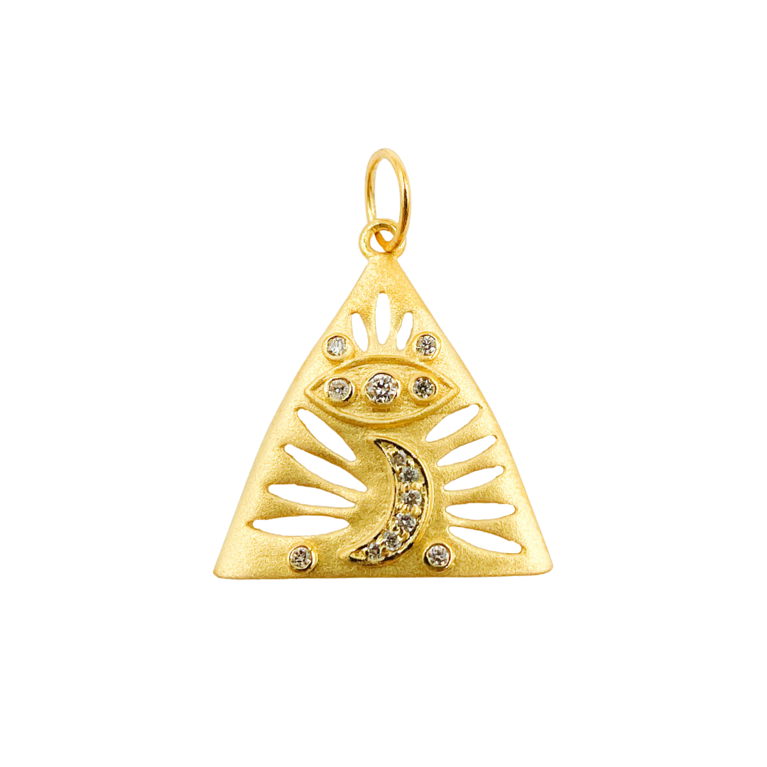 14K Solid Gold Triangle with Moon and Eye Charm. GDP112