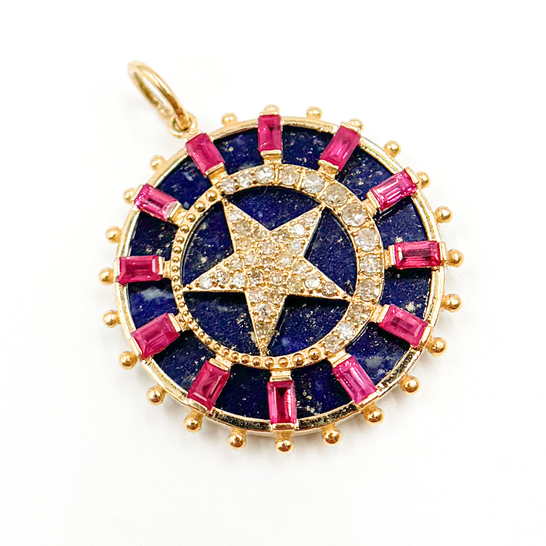 14K Solid Gold Star Round Pendant