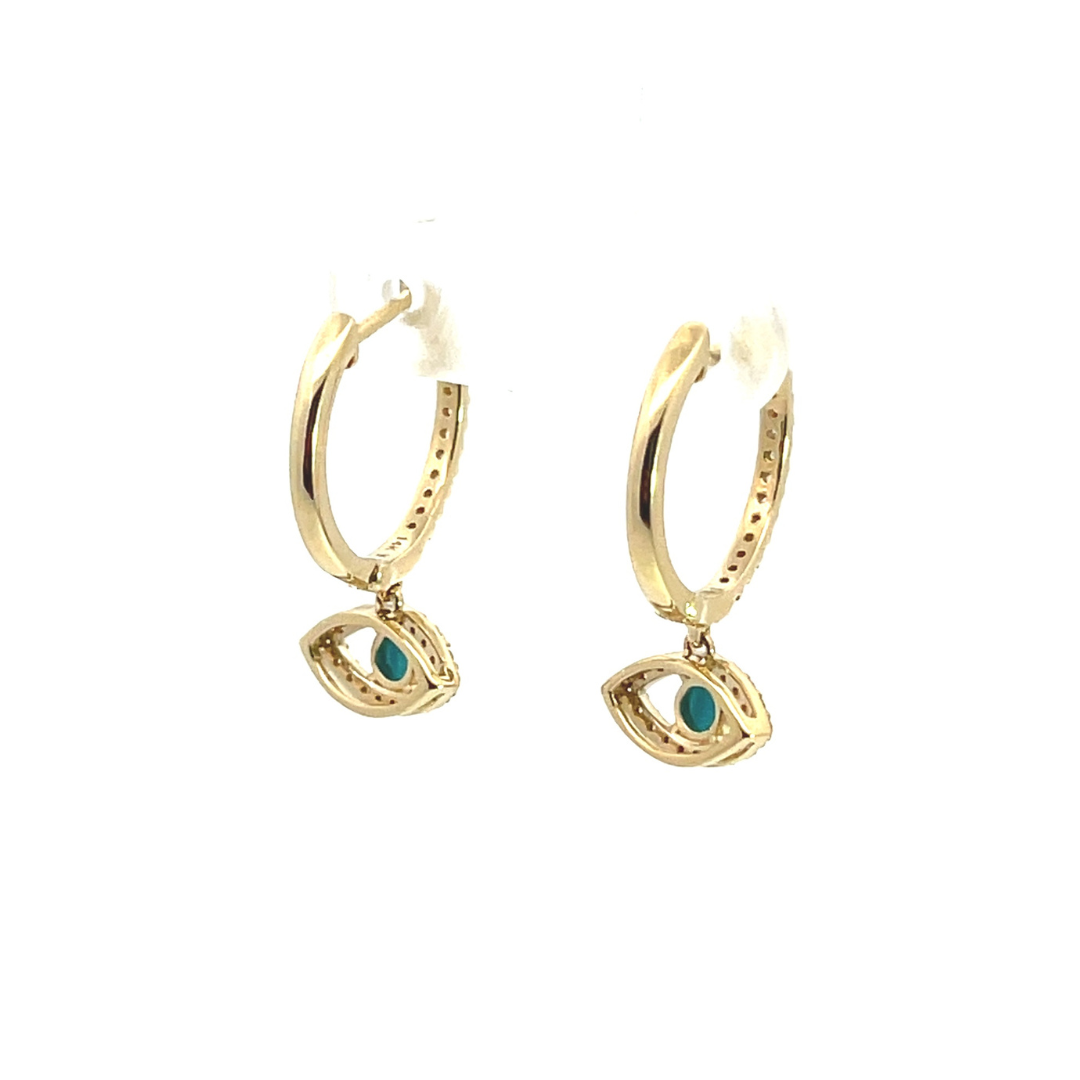 14k Solid Gold Diamond & Turquoise Eye Hoops. EHG56978TQY