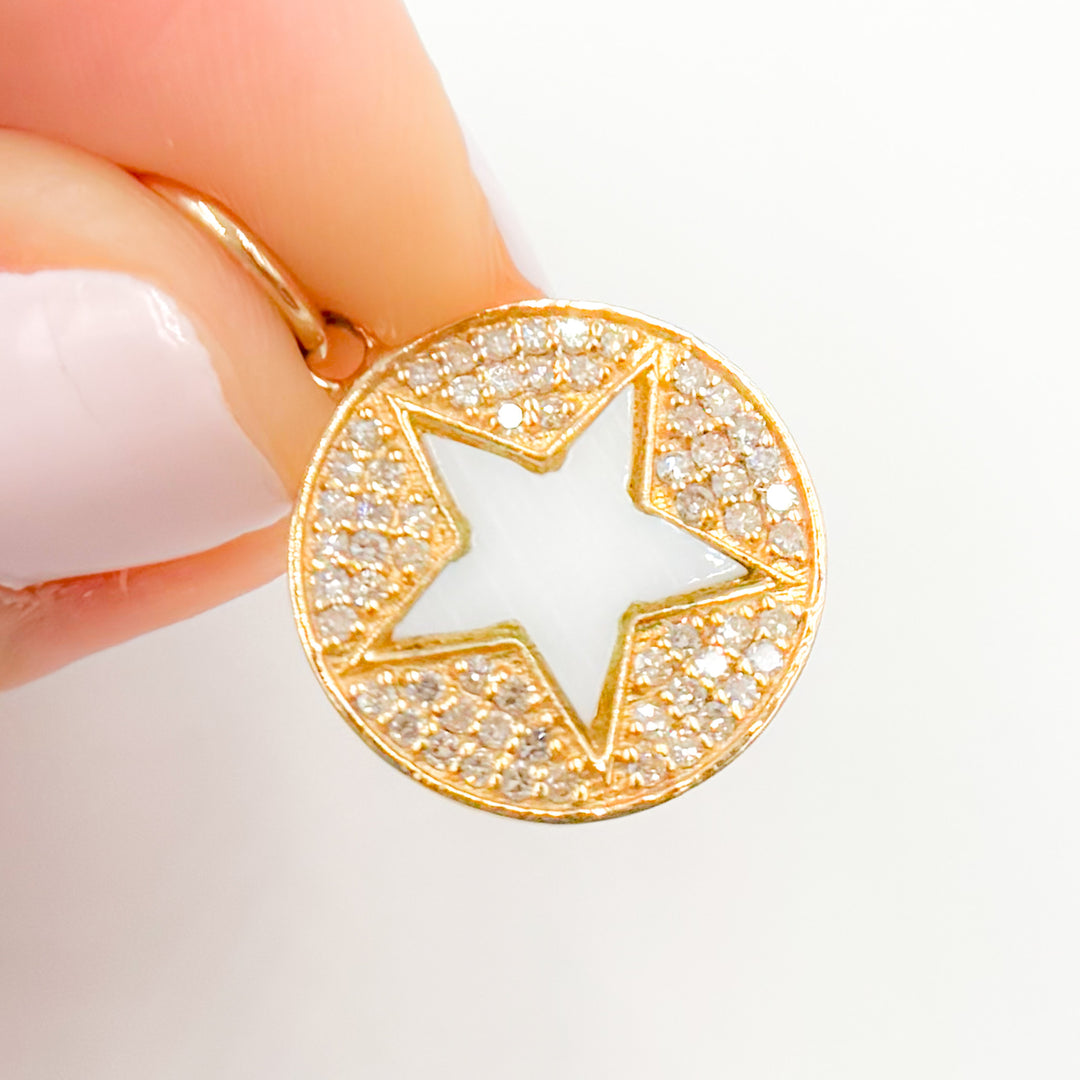 14K Solid Gold Mother of Pearl and Diamonds Round Star Pendant.