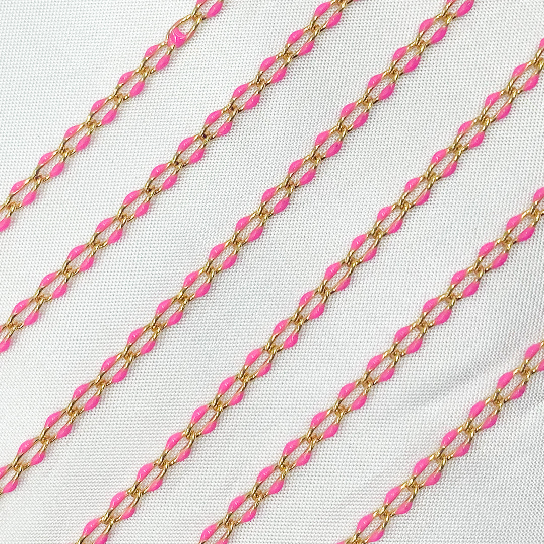 925 Sterling Silver Gold Plated Pink Enamel Cable Link Chain. V244PKGP