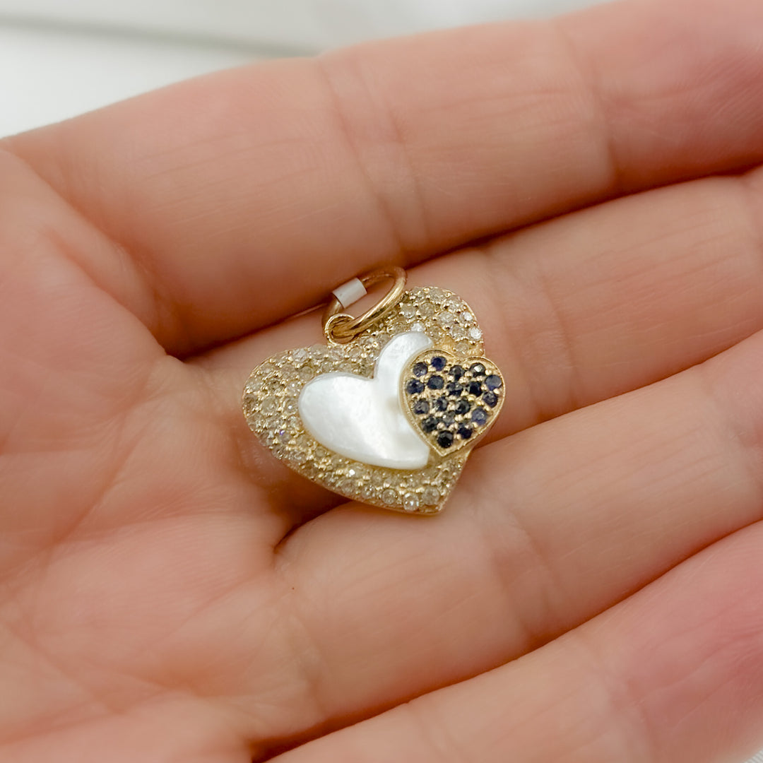 14K Solid Gold Mother of Pearl and Gemstone (Emerald or Blue Sapphire) Diamond Heart Charm. KG243