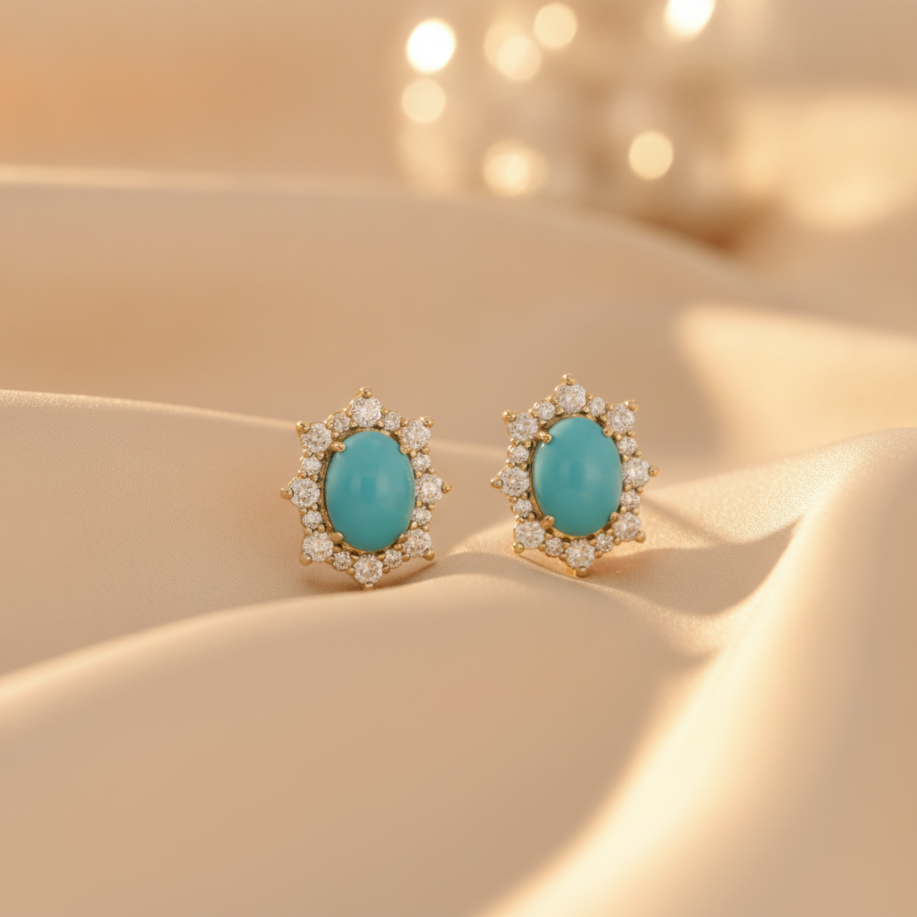 CE96209TQ8X6. 14k Solid Gold Diamond and Turquoise Stud Earrings