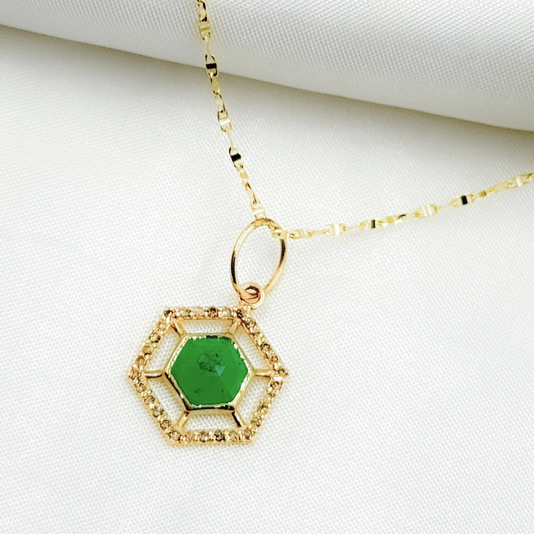 GDP316. 14K Solid Gold Hexagon Shape Charm with Diamonds and Malachite or Emerald