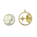 Load image into Gallery viewer, 14K Solid Gold Diamond Circle Charm with Sun and Star in the Center. GDP07
