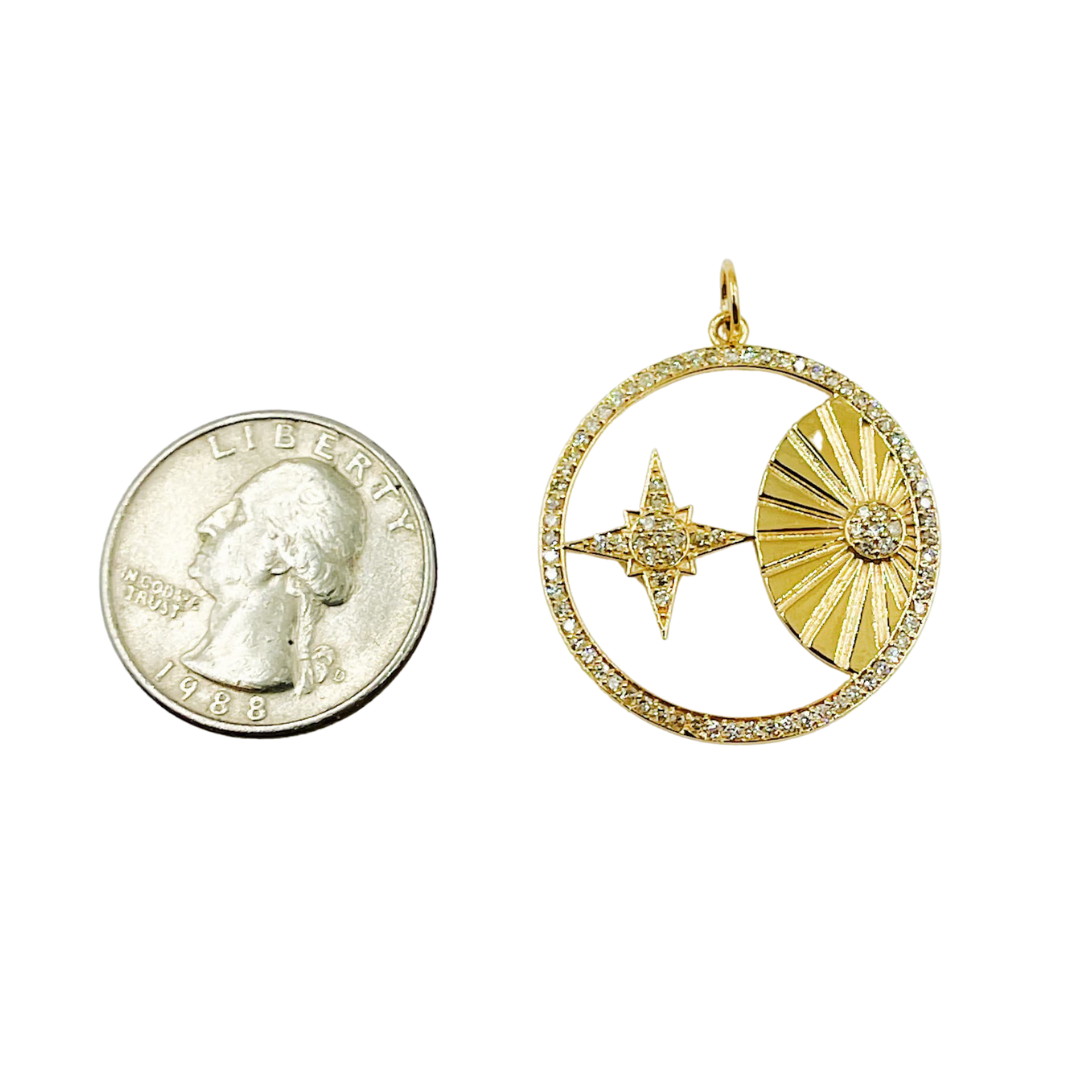 14K Solid Gold Diamond Circle Charm with Sun and Star in the Center. GDP07