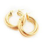 Load image into Gallery viewer, 15850006741. 14K Solid Gold Smooth and Textured Twisted Triple Hollow Hoop Earrings
