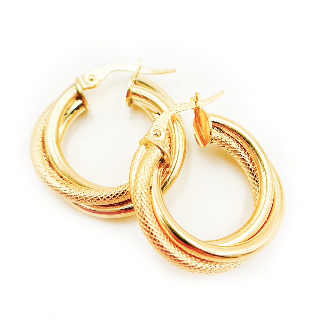 15850006741. 14K Solid Gold Smooth and Textured Twisted Triple Hollow Hoop Earrings