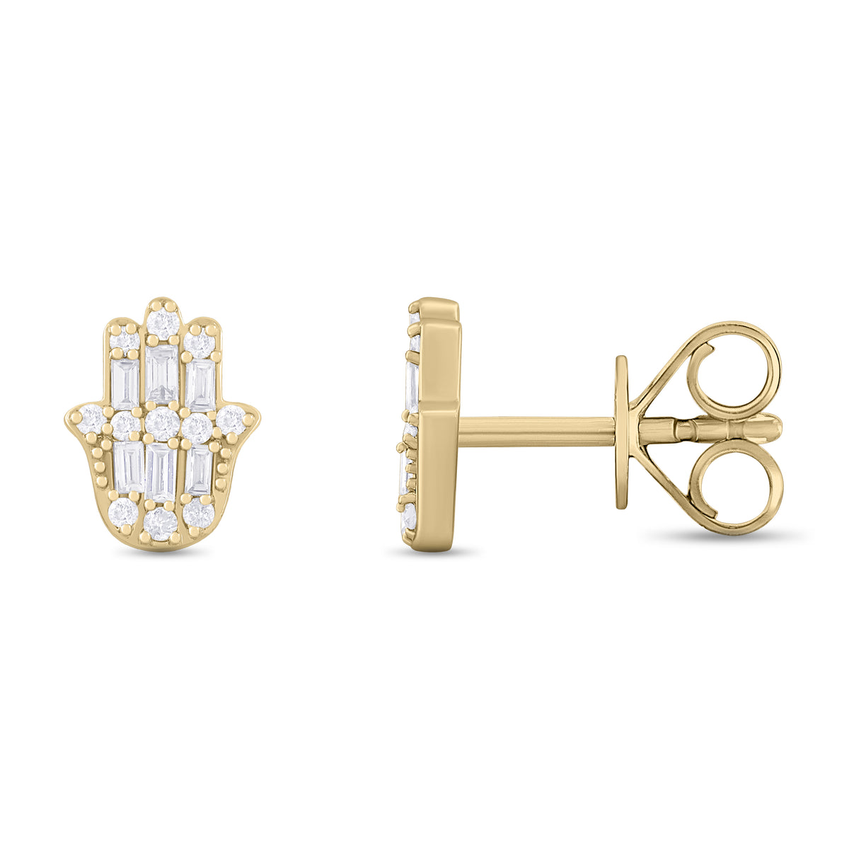 EFC54276. 14K Solid Gold Diamond Hamsa Hand Studs