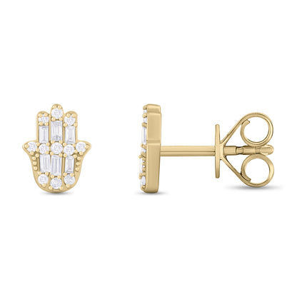 EFC54276. 14K Solid Gold Diamond Hamsa Hand Studs