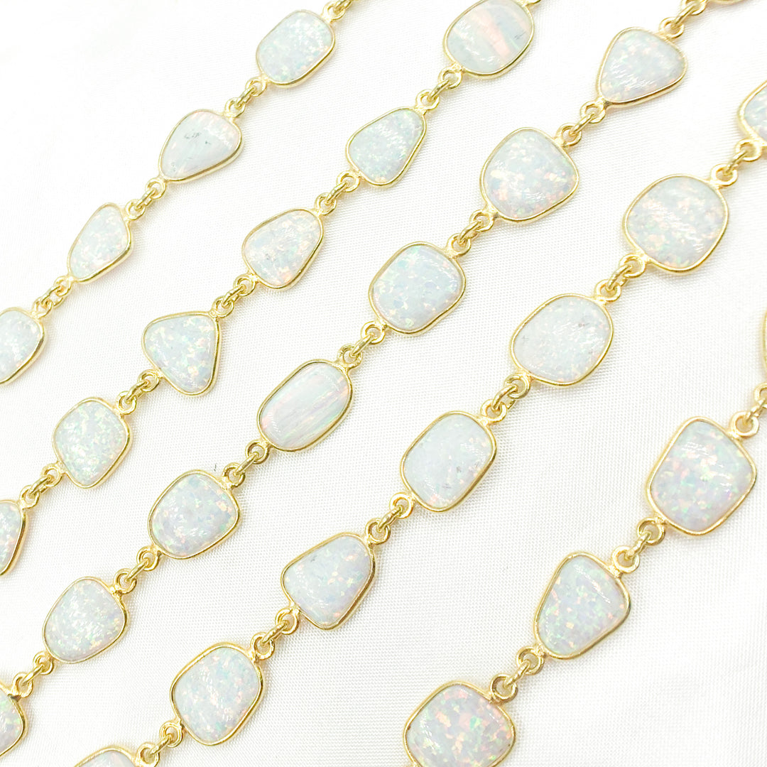 CWO16. White Opal Oval Shape Bezel Gold Plated Wire Chain