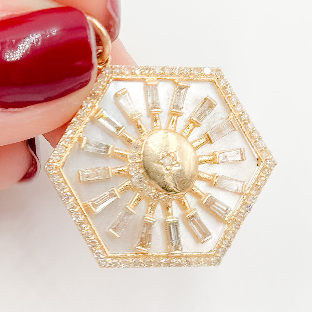 KG216. 14K Solid Gold Hexagon Moon Pendant