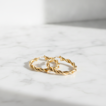 15850003133. 14K Solid Gold Twist Double Round Hollow Hoop Earrings