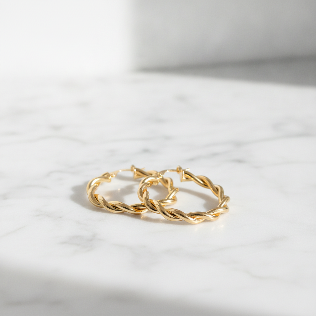 15850003133. 14K Solid Gold Twist Double Round Hollow Hoop Earrings