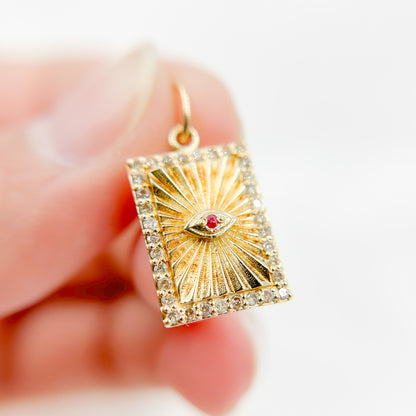14K Solid Gold Diamond and Ruby Rectangular Evil Eye Charm. GDP557
