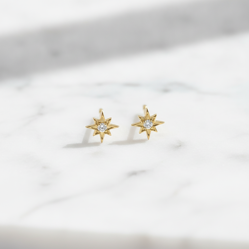 ER413159Y. 14K Solid Gold Star Diamond Studs Earrings