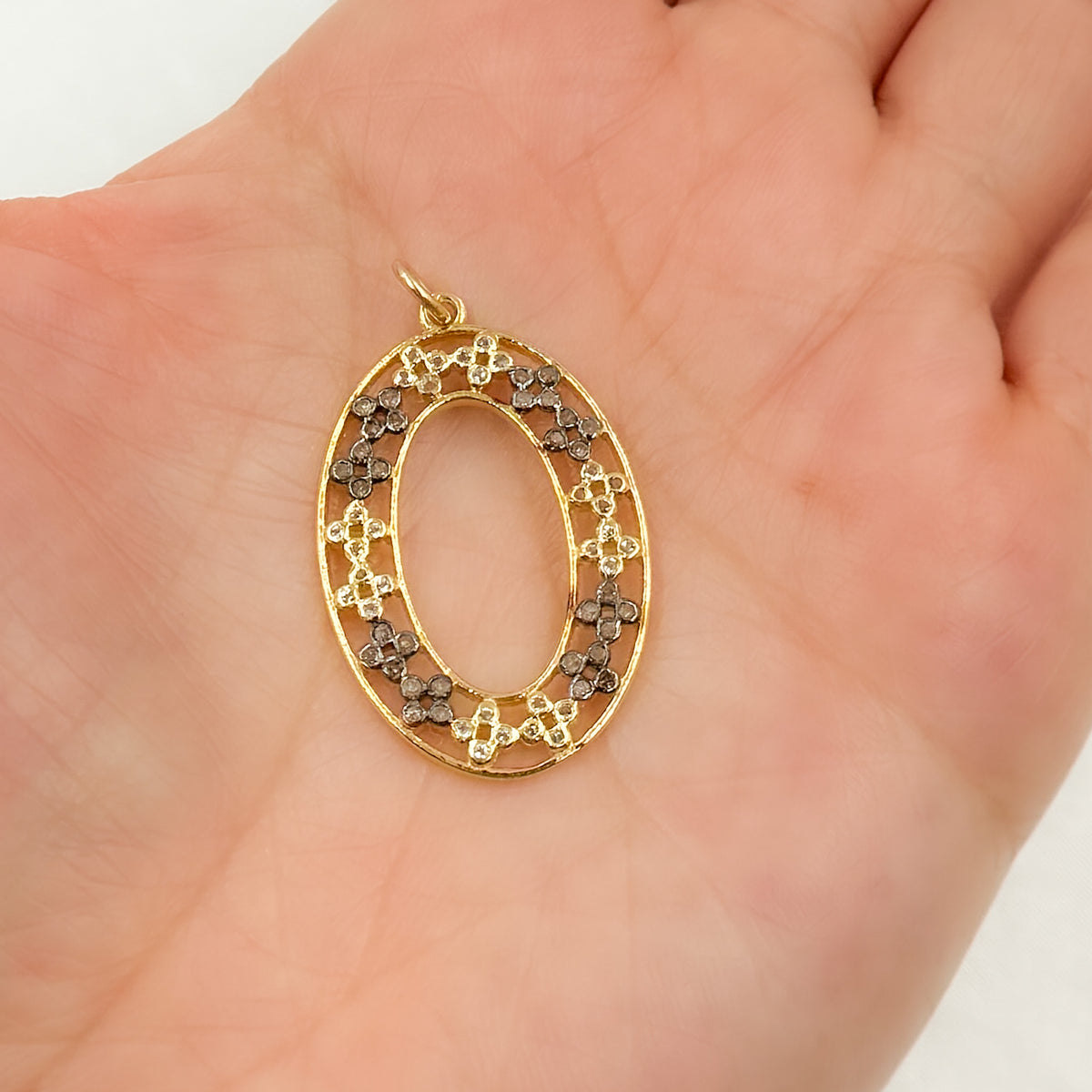Diamond Sterling Silver Oval Pendant with Flowers and Gemstone