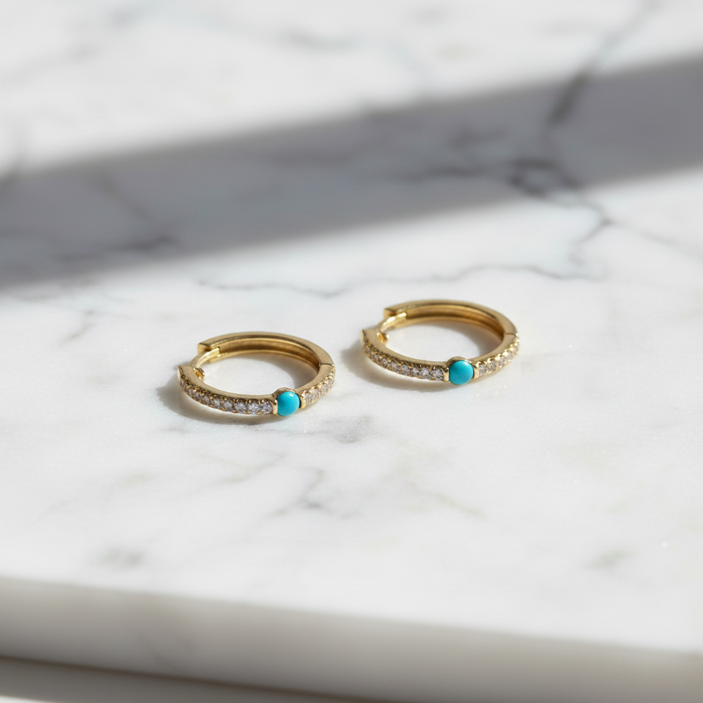 EHC56664. 14K Solid Gold Gemstone & Diamond & Hoop Earrings