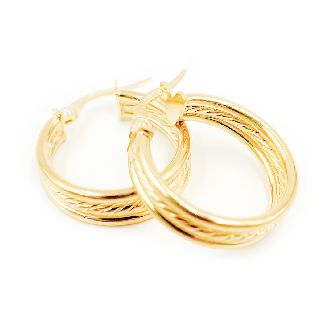 15850017958. 14K Solid Gold Smooth and Textured Triple Line Hollow Hoop Earrings