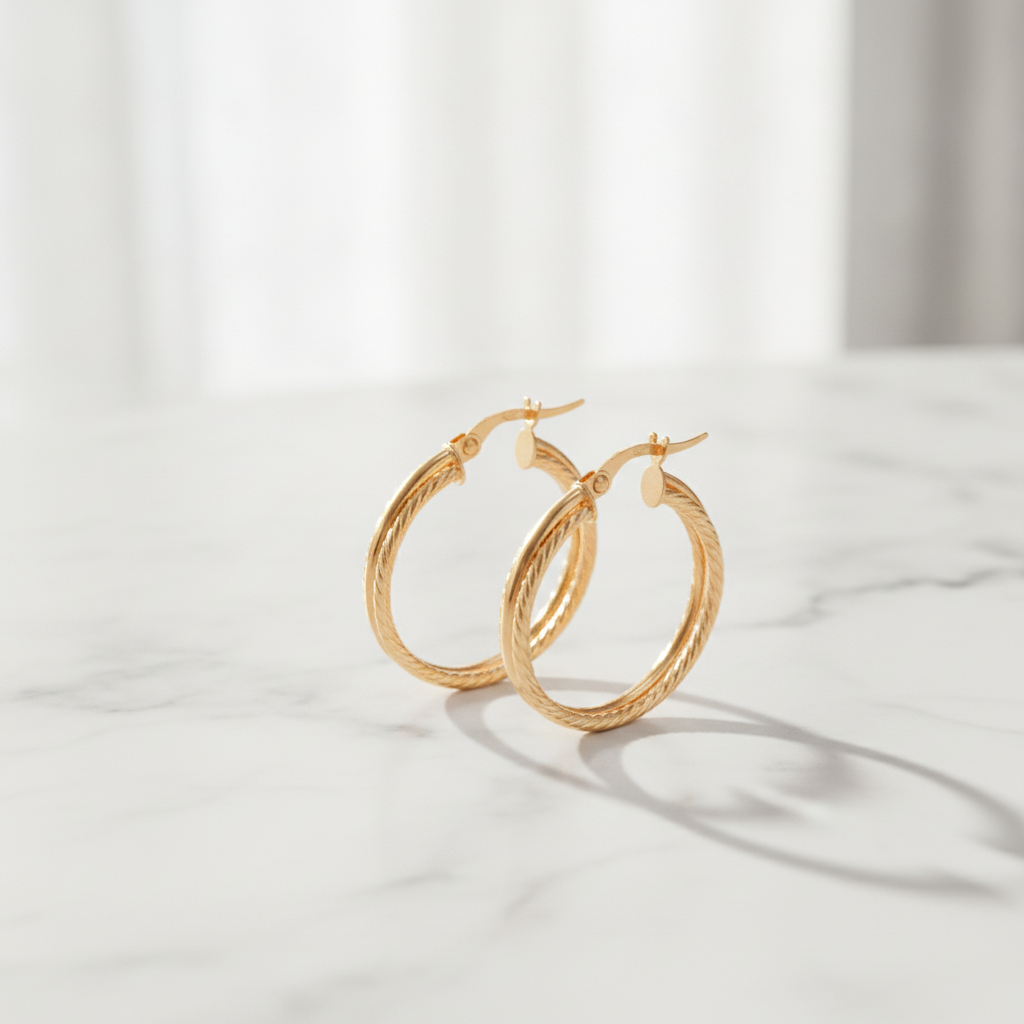15850006724. 14K Solid Gold Smooth and Ribbed Hollow Double Hoop Earrings