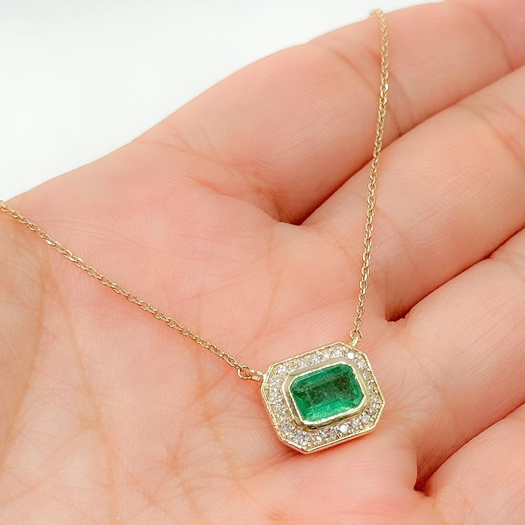 14k Solid Gold Emerald and Diamond Rectangle Necklace. NFC71412EM