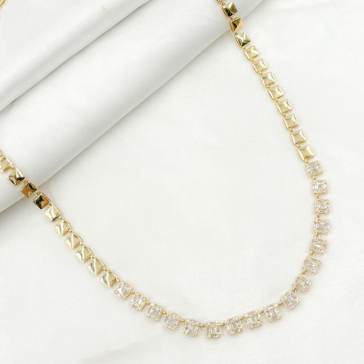 NFP71428. 14K Solid Gold Diamond Baguette Squares Necklace