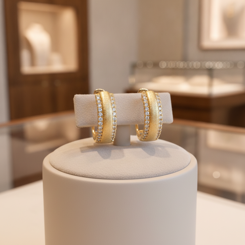 EHD57280. 14K Solid Yellow Gold Diamond Hoop Earrings
