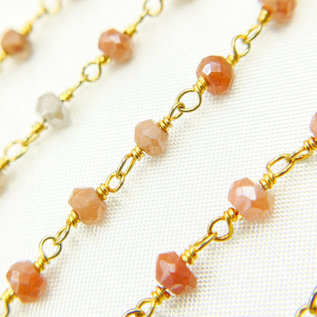 CQU30. Coated Peach Quartz Gold Plated Wire Chain