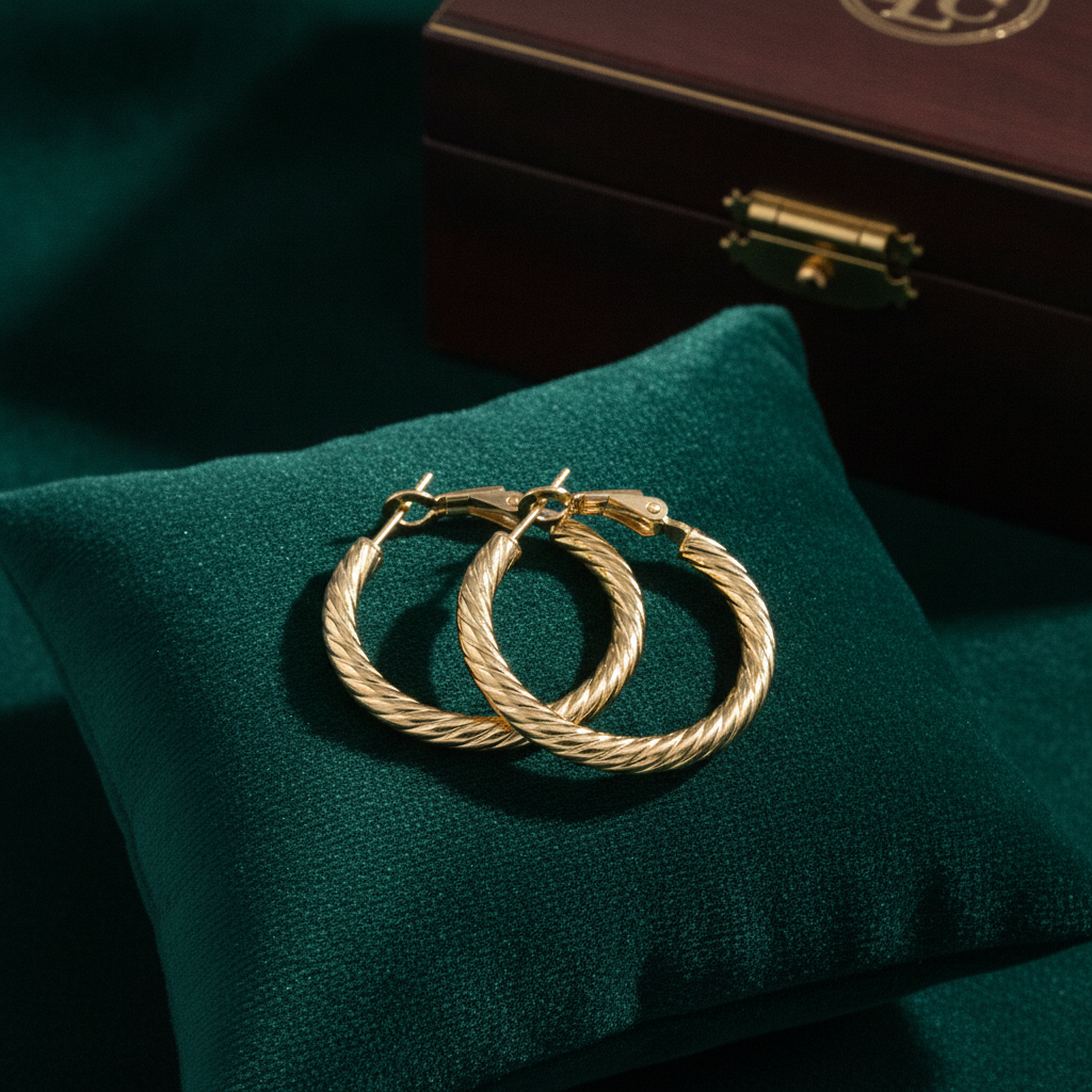 15850019965. 14K Solid Gold Fancy Ribbed Hollow Hoop Earrings