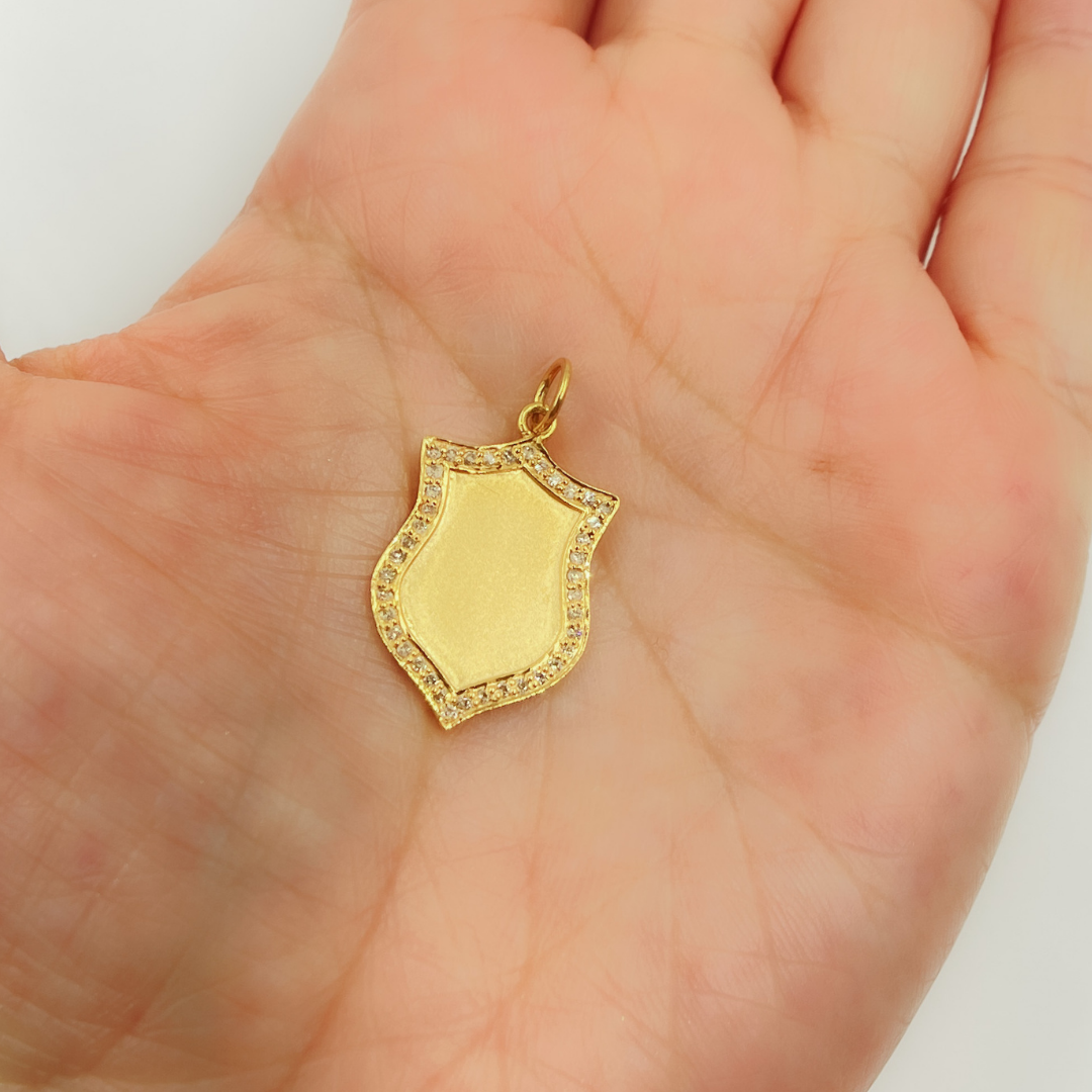 14K Gold Charm. Shield Pendant with Diamonds. GDP178