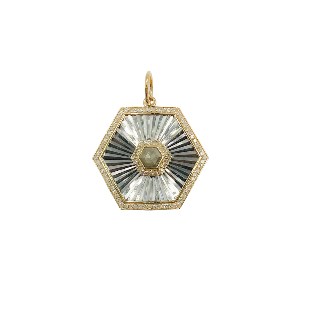 14k Solid Gold Diamond and Sterling Silver Black Rhodium Hexagonal Charm. KSG32